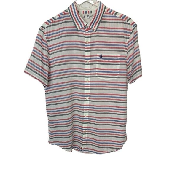 Original Penguin 100% Cotton Mens Striped Red White and Lightweight‎ Shirt Large - Picture 1 of 7